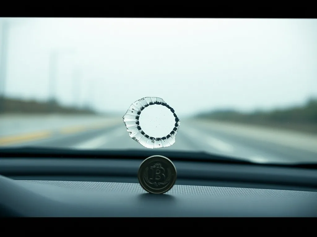 A bullseye stone chip in a windshield with a coin resting on the dashboard below it for scale, grey road ahead through the glass.