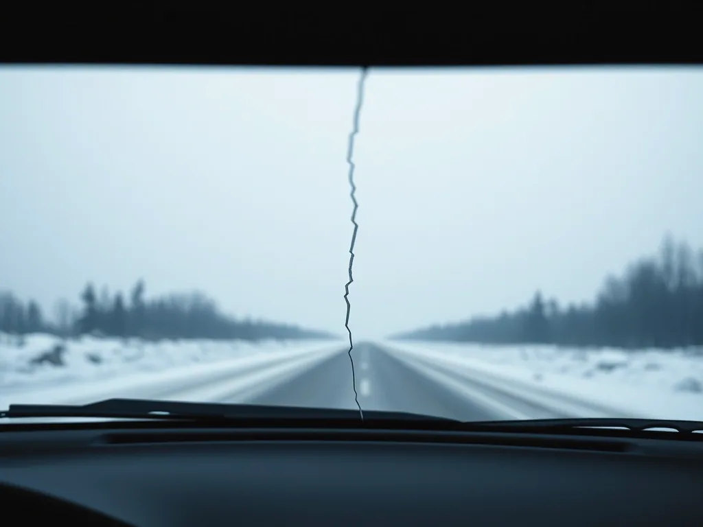 A crack running the full height of a windshield, seen from the driver's seat against a flat winter sky and a snow lined highway.