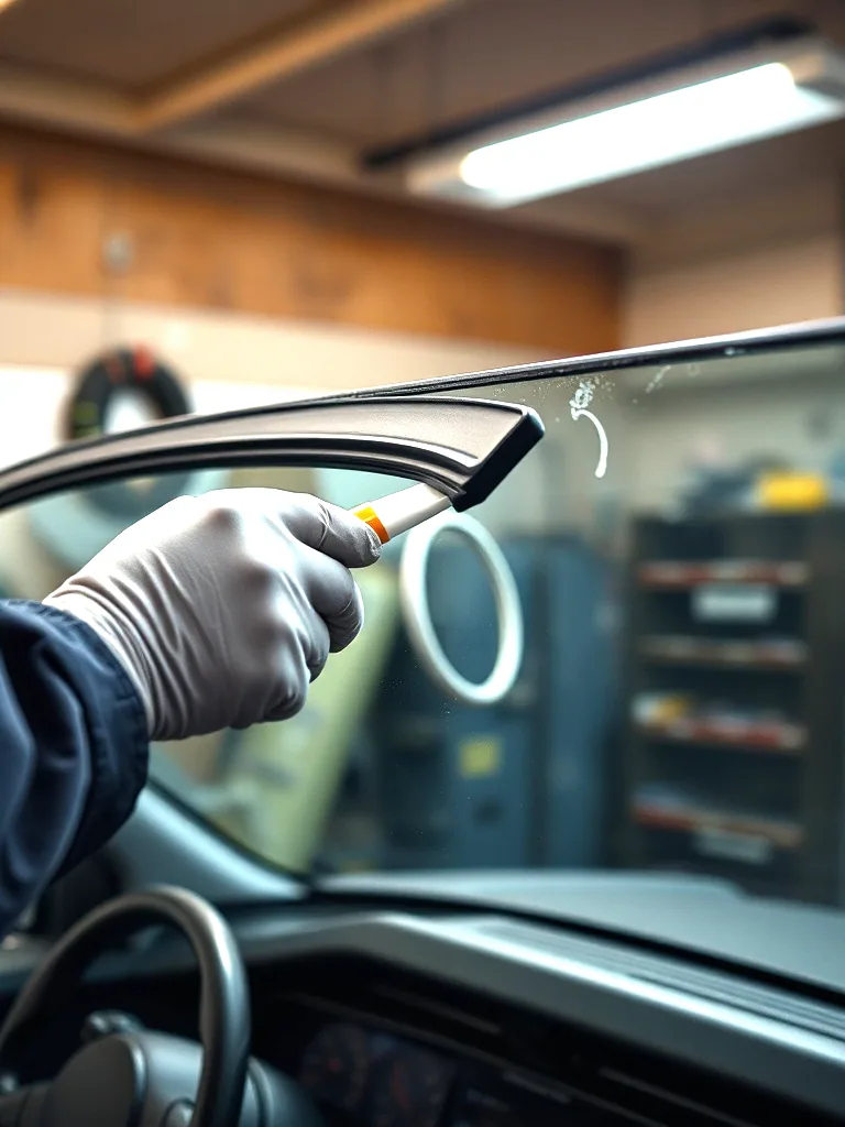 A gloved hand drawing a tool along the top edge of a car windshield inside a workshop bay, the dashboard and steering wheel below the glass.