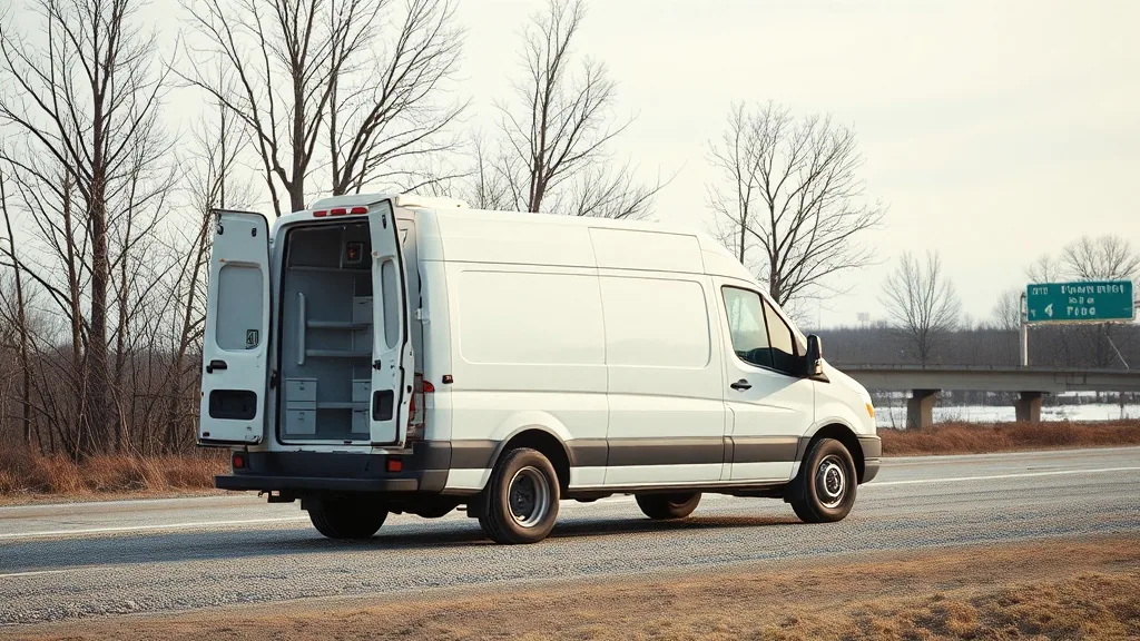 A plain white service van on the gravel shoulder of a rural interstate, rear doors open on a rack of glass and toolboxes, bare trees behind.